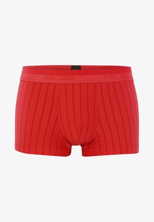 Červené pánské boxerky vyrobené z měkké tkaniny, zdobené vertikálními pruhy, s elastickým pasem a logem "HOM", které dobře sedí.