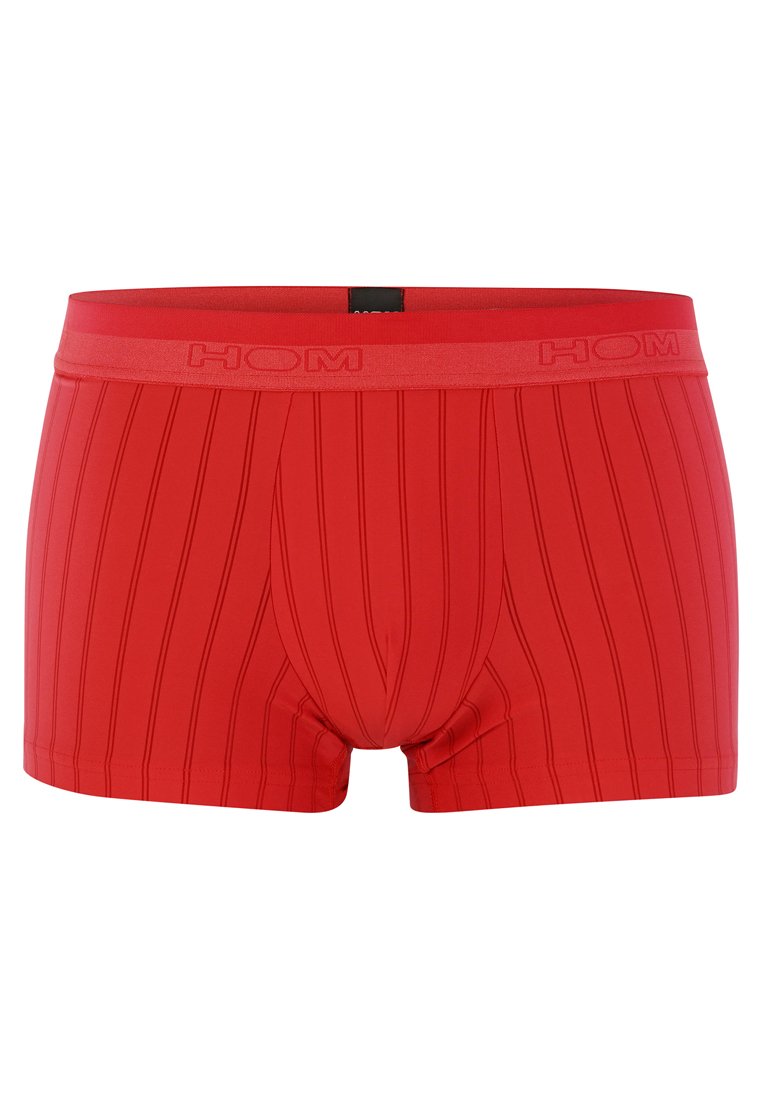 Červené pánské boxerky vyrobené z měkké tkaniny, zdobené vertikálními pruhy, s elastickým pasem a logem "HOM", které dobře sedí.