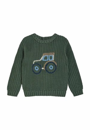 Strikket grøn sweater med traktordesign i blå, brun og beige. Ribbet halsudskæring og manchetter, struktureret overflade. Rund form.