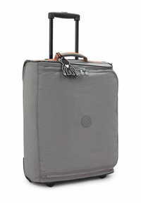 Gray rolling suitcase with two black wheels, retractable handle, front zipper pocket, and fabric texture. Features a logo and a black tag.