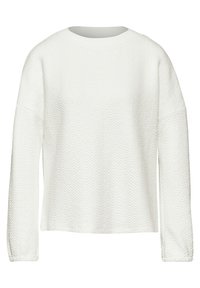 Vit långärmad tröja med ett texturerat zigzag-mönster, rund halsringning och avslappnad passform. Mjukt tyg med ribbade ärmslut och nederkant.