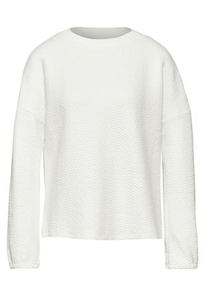 Pull en tricot blanc à manches longues avec un motif en zigzag texturé, encolure ronde et coupe décontractée. Tissu doux avec des poignets et un ourlet côtelés.