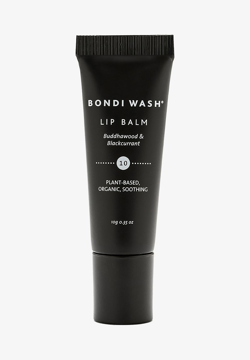 Schwarze Tube des Bondi Wash Lippenbalsams mit weißem Text, gestaltet um pflanzenbasiert und bio hervorzuheben. Enthält 10 g.