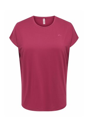 Eenvoudig donkerroze dames sportshirt met korte mouwen, ronde hals en klein logo op de linkerborst tegen een witte achtergrond.