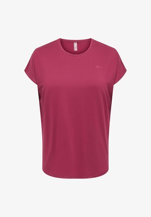 Prosty, ciemnoróżowy damski sportowy t-shirt z krótkim rękawem, okrągłym dekoltem i małym logo na lewej piersi na białym tle.