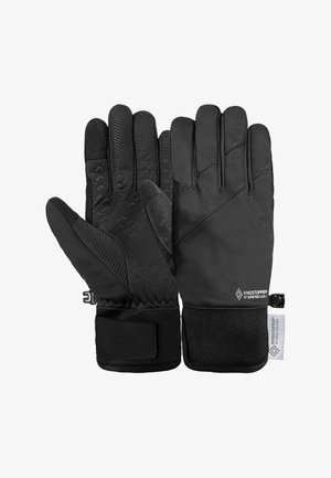 Black gloves with a textured grip, made from Windstopper material. Features securing strap and fabric accents on wrist and fingers.