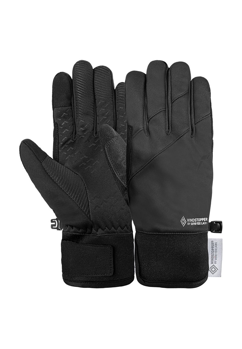 Schwarze Handschuhe mit strukturiertem Griff, aus Windstopper-Material gefertigt. Mit Sicherungsriegel und Stoffakzenten an Handgelenk und Fingern.