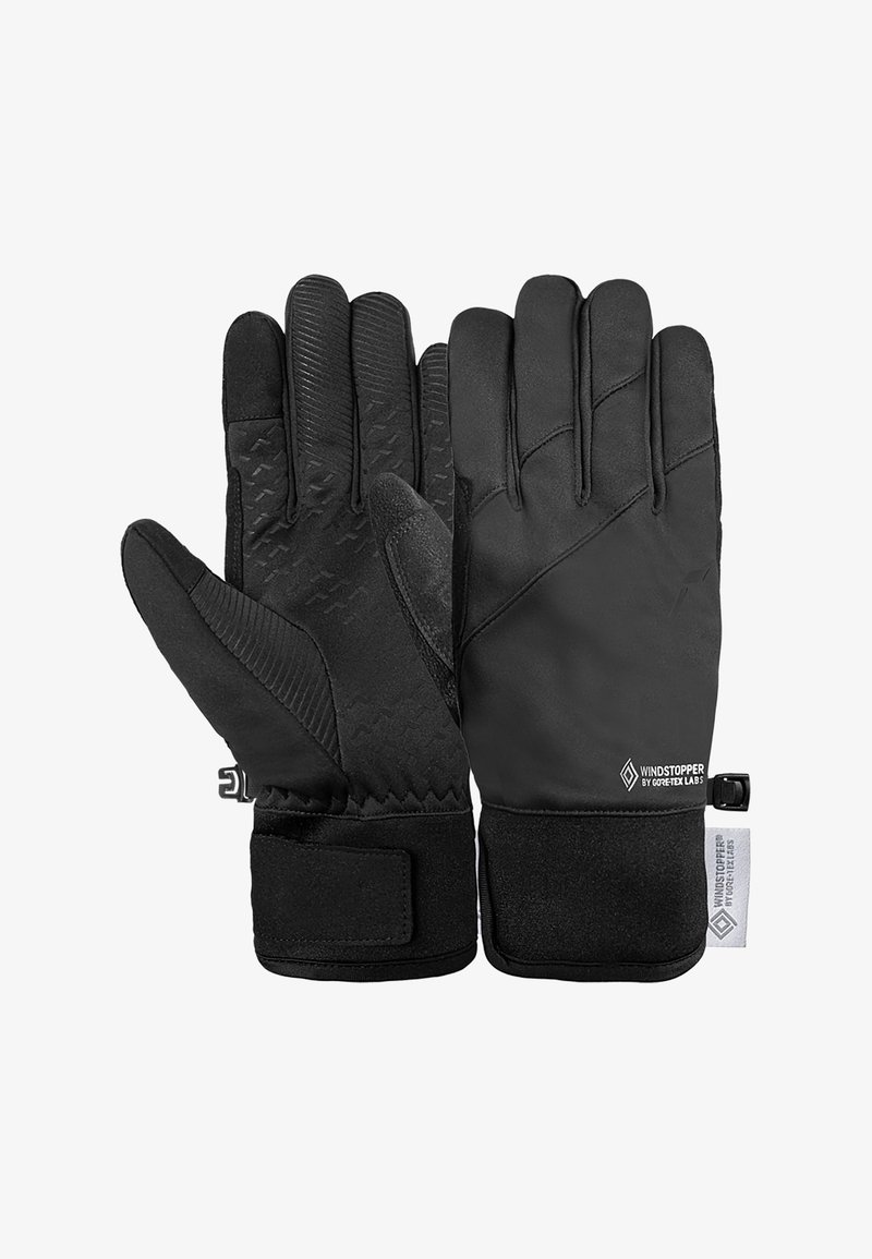Schwarze Handschuhe mit strukturiertem Griff, aus Windstopper-Material gefertigt. Mit Sicherungsriegel und Stoffakzenten an Handgelenk und Fingern.