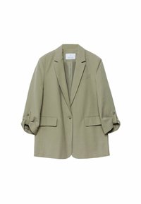 Blazer beige con maniche arrotolate. Caratterizzato da una chiusura con un singolo bottone, due tasche frontali e un colletto a rotondo. Realizzato in un tessuto texturizzato.