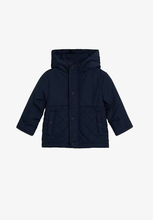 Giacca trapuntata blu navy con cappuccio, dotata di chiusura frontale con bottoni e due tasche laterali. Texture morbida con dettagli di cuciture a contrasto.