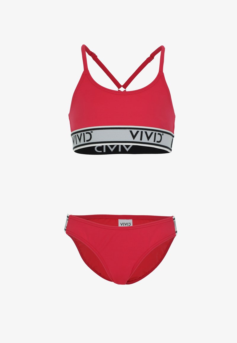 Red bikini set with a sports-style top featuring cross-back straps and a logo band, paired with matching high-waisted bottoms.