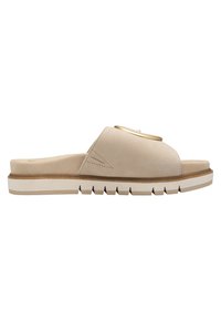 Sandale à glissière beige avec semelle intérieure rembourrée, semelle blanche épaisse aux profondes rainures, large lanière supérieure et détail doré sur le dessus.