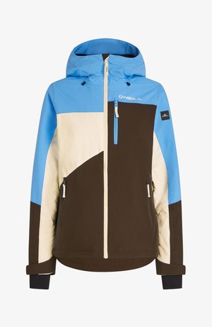 Skijack met een blauw, beige en bruin kleurblokontwerp. Voorzien van een capuchon, een frontale ritssluiting en zijzakken met rits. Gemaakt van duurzaam materiaal.