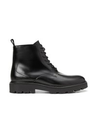 Black leather ankle boots with a smooth finish, rounded toe, and sturdy rubber sole featuring a lug pattern. Lace-up design with a pull tab.