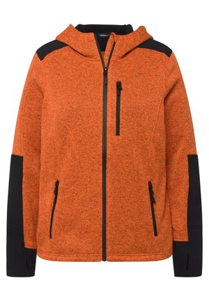 Orange fleece jacket with a hood, black accents on shoulders and sleeves, featuring zippers on pockets and front for closure.