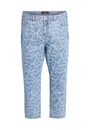 Light blue denim jeans with a repetitive white heart pattern, featuring a standard waistband, pockets, and straight leg design.
