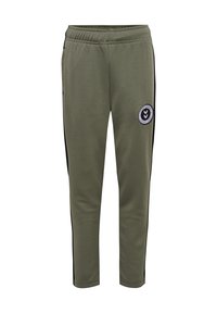 Olijfgroene sweatpants met zwarte zijkanten en een ronde logo patch op de linker dij. Elastische tailleband voor comfort.