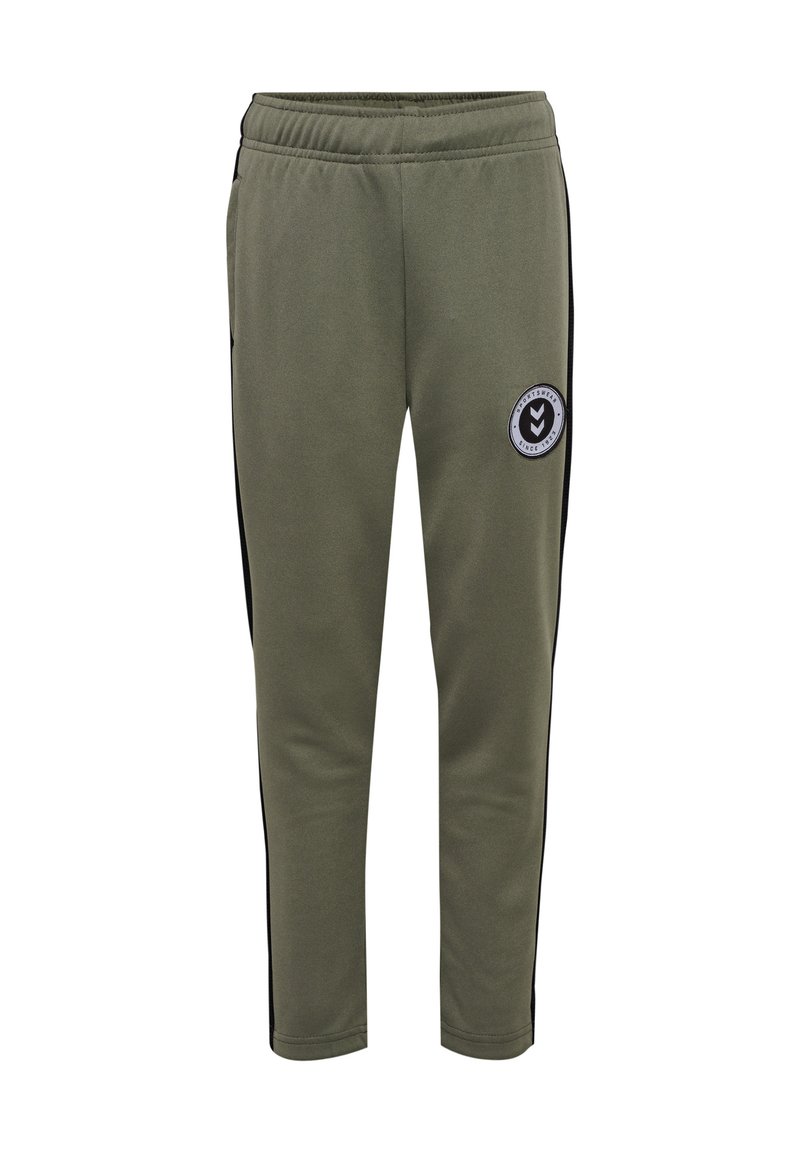 Olijfgroene sweatpants met zwarte zijkanten en een ronde logo patch op de linker dij. Elastische tailleband voor comfort.
