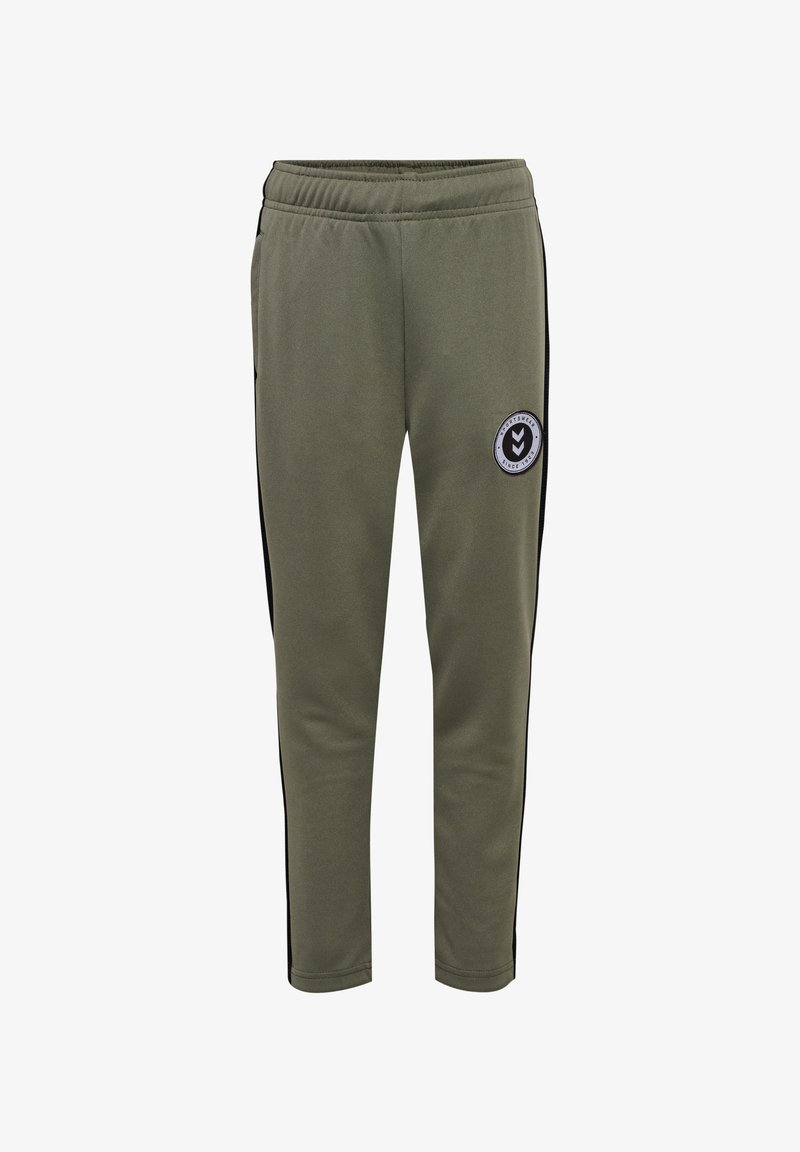 Olijfgroene sweatpants met zwarte zijkanten en een ronde logo patch op de linker dij. Elastische tailleband voor comfort.
