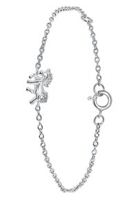 Zilveren chain armband met een gedetailleerd eenhoorn charm. De ketting bestaat uit verbonden ovale en ronde vormen, met een sluiting.