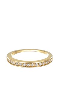 Goldring mit einem glatten, abgerundeten Band, das eine Reihe kleiner, funkelnder klarer Edelsteine in einer Krappenfassung entlang der oberen Kante aufweist.