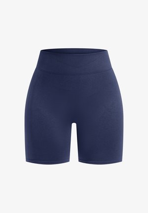 Marineblauwe shorts met een hoge, ribbelige tailleband. Gemaakt van gladde, rekbare stof, met een aansluitend ontwerp en minimale stiksels.