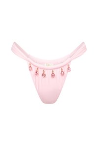 Rosa bikiniunderdel med en slät yta, prydd med sex droppformade rosa juveler fästa vid midjebandet. Enkel, minimal design.