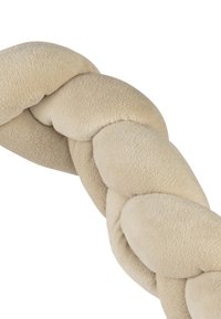 Braided cushion in light beige, made of soft, textured fabric. Features rounded sections and smooth seams without any visible hardware.