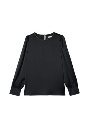 Blusa nera a maniche lunghe con polsini arricciati e scollatura rotonda decorata con perline, orlo dritto e chiusura con bottone a occhio sulla schiena.