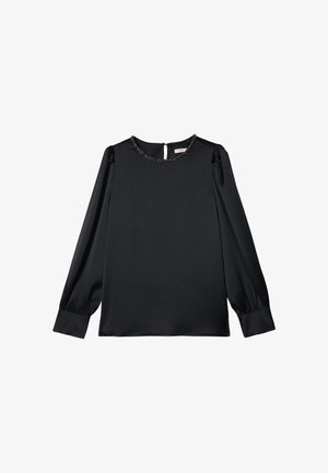 Blusa nera a maniche lunghe con polsini arricciati e scollatura rotonda decorata con perline, orlo dritto e chiusura con bottone a occhio sulla schiena.