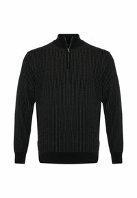 Zwarte zip-neksweater met verticale ribbeltextuur, lange mouwen en een effen zwarte zoom. Gemaakt van een zachte breimateriaal.