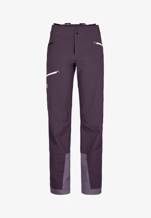Purple outdoor pants with two zippered front pockets, white zip accents, and contrasting gray lower section. Made of durable, weather-resistant material.