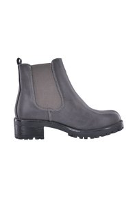 Botín de tobillo de cuero gris con paneles laterales elásticos y tirador, con parte superior texturizada y suela negra gruesa, que presenta costuras en contraste.