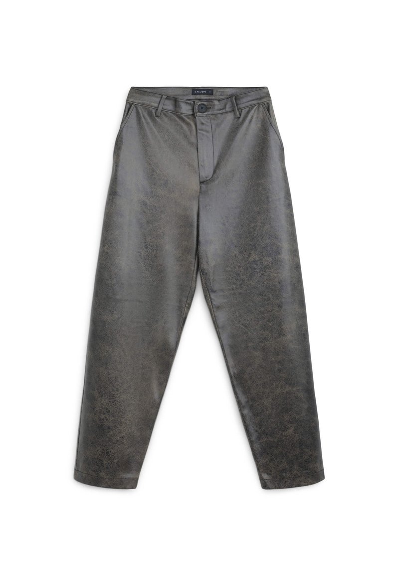 Graue Kunstlederhose mit lockerer Passform, mit Knopfverschluss, zwei Vorderaschen und subtilen strukturierten Details.