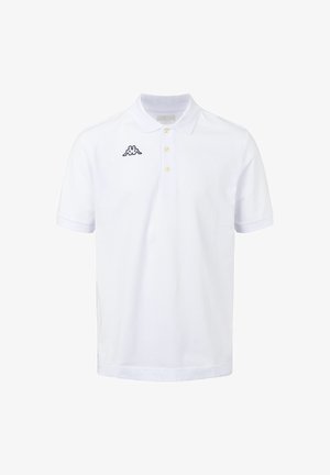 Bela polo majica iz bombaža. Ima ovratnik, tri gumbe, kratke rokave in majhen moder logotip na zgornjem levem delu.