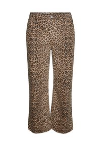 Pantaloni a vita alta e gamba larga con stampa leopardata marrone e nera, chiusura frontale con bottoni e cerniera.