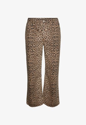 Hlače širokih nogavica s visokim strukom u smeđe-crnom uzorku leoparda, s gumbom sprijeda i zatvaračem.