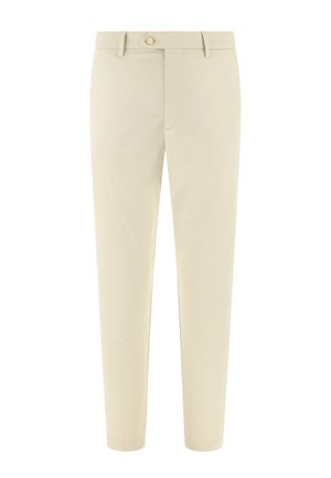 Beige skræddersyede bukser med bæltestropper, knaplukning og en slank, lige benpasform.