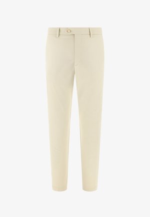 Pantaloni beige su misura con passanti per cintura, chiusura con bottone e vestibilità slim a gamba dritta.