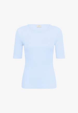 Lyseblå kortærmet ribstrikket top med rund halsudskæring og tætsiddende silhuet, vist på en hvid baggrund.