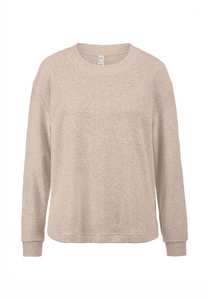 Beige Langarm-Sweatshirt aus weichem Material; verfügt über einen runden Ausschnitt, einen entspannten Schnitt und gerippte Bündchen.