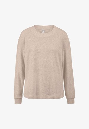 Beige long-sleeve sweatshirt made from soft material; features a round neckline, relaxed fit, and ribbed cuffs.