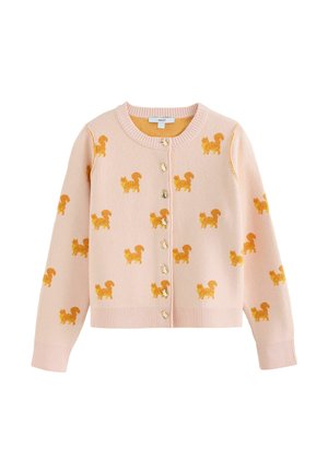 Light pink cardigan with orange squirrel patterns and matching squirrel-shaped buttons on the front, long sleeves, and ribbed cuffs and hem.