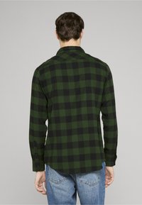 Groen-zwart geruit flanellen overhemd met lange mouwen, knoopmanchetten en een afgeronde zoom. Soepele textuur, klassiek kraagontwerp.