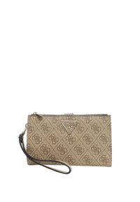 Borsa a tracolla color tan con motivo a rombi e dettagli del logo marroni. Presenta un logo triangolare metallico e una tracolla per il trasporto.