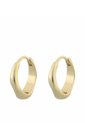 Gold hoop earrings with a smooth, rounded design. Features a seamless hinge closure and a polished finish, reflecting light effectively.