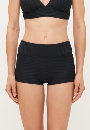 Bas de bikini noir à côtes avec une taille haute. Comprend une large ceinture élastique et une texture lisse. Convient pour les maillots de bain.