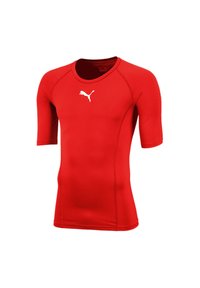 Rode sportieve T-shirt met korte mouwen, gemaakt van rekbare stof. Voorzien van een ronde halslijn en een wit logo op de borst. Soepele, aansluitende pasvorm.