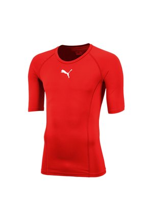 Rotes, kurzärmeliges Sportshirt aus elastischem Material. Mit einem runden Ausschnitt und einem weißen Logo auf der Brust. Glattes, tailliertes Design.