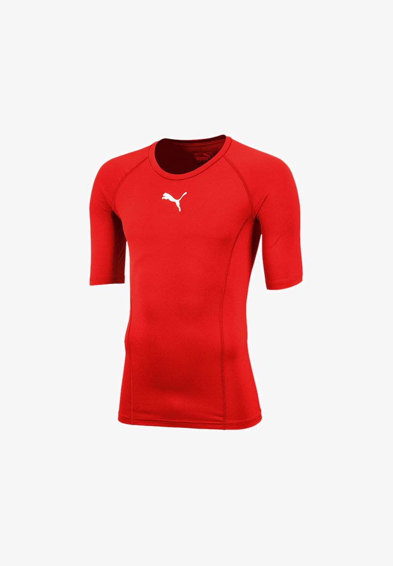 Red short-sleeve athletic shirt made of stretch fabric. Features a round neckline and white logo on the chest. Smooth, fitted design.